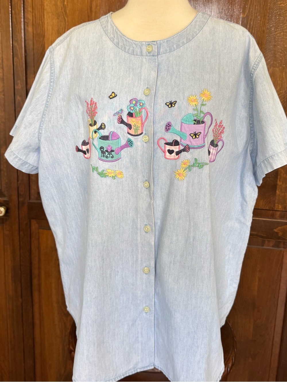 Karen Scott Vintage Embroidered Denim Gardening Shirt XL Cotton Cottagecore